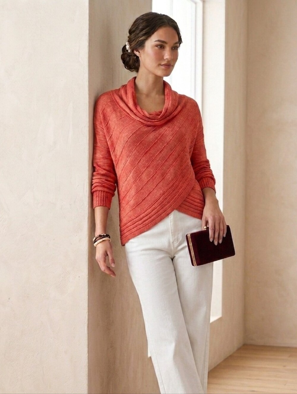INC International Concepts Pointelle Tulip Hem Coral Laid-Back Luxury Sweater M